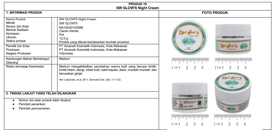 SW Glow’s Night Cream kemasan hijau putih