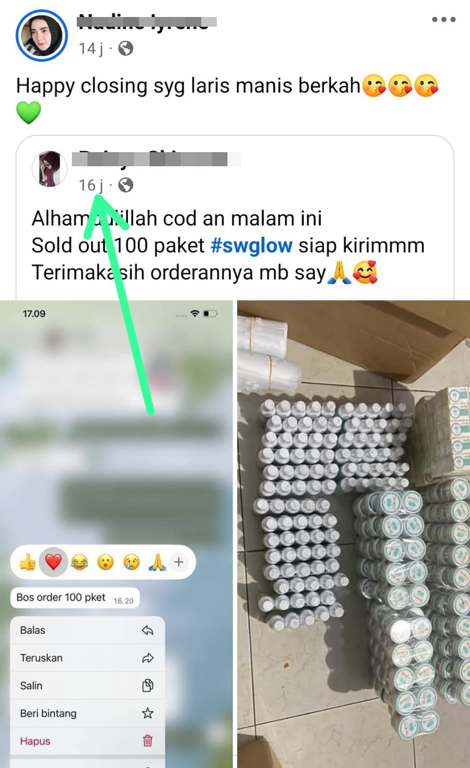 Produk SW Glow’s kemasan hijau putih masih aktif dipromosikan dan diperjualbelikan