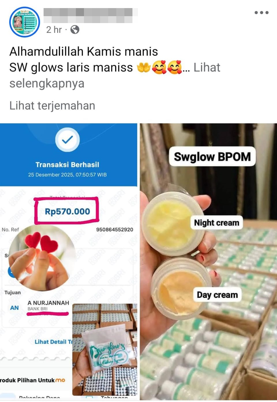Produk SW Glow’s kemasan hijau putih masih aktif dipromosikan dan diperjualbelikan