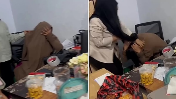 Tangkapan layar video menunjukkan istri sah melabrak wanita bercadar yang diduga selingkuhan suaminya di Makassar.