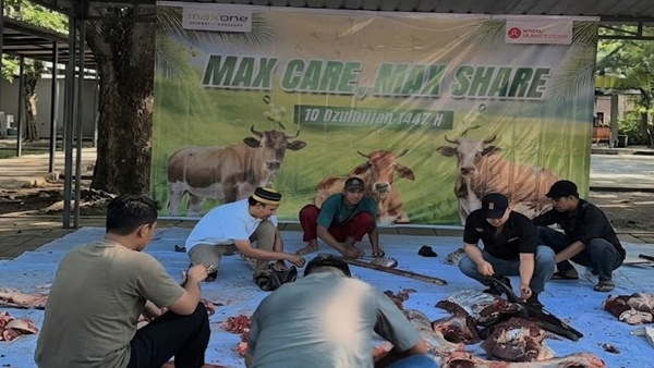 Sejumlah karyawan dan manajemen MaxOne Hotel & Resort Makassar bergotong royong memotong dan mengemas daging kurban, Rabu (27/5/2026)