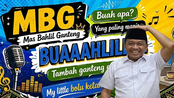 Caption lagu “Mas Bahlil Ganteng” yang viral di media sosial dan menarik perhatian Menteri ESDM Bahlil Lahadalia. (Visual AI)