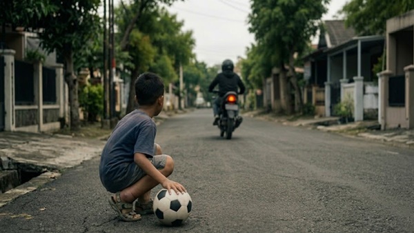 Ilustrasi bocah yang kakinya tertabrak sepeda motor dan penabrak langsung meninggalkan bocah tersebut setelah bermain bola di lapangan (Visual AI)