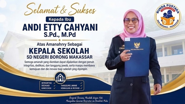 Andi Etty Cahyani, S.Pd., M.Pd., menerima surat keputusan pengangkatan sebagai Kepala SD Negeri Borong Makassar dalam pelantikan dan pengukuhan 369 kepala sekolah SD dan SMP se-Kota Makassar yang dipimpin Wali Kota Makassar, Munafri Arifuddin, di Lapangan Karebosi, Selasa (23/6/2026).
