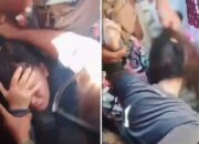 Pencopet wanita di Pasar Panjalingan Maros dikerumuni massa dalam posisi terduduk di tanah, beberapa warga terlihat emosi hingga menarik rambut dan memukul pelaku, meski sebagian warga lainnya berupaya menenangkan situasi agar aksi tidak semakin brutal. (Foto kolase)