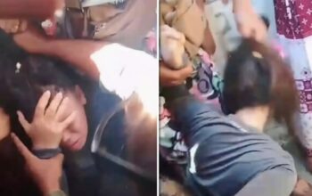 Pencopet wanita di Pasar Panjalingan Maros dikerumuni massa dalam posisi terduduk di tanah, beberapa warga terlihat emosi hingga menarik rambut dan memukul pelaku, meski sebagian warga lainnya berupaya menenangkan situasi agar aksi tidak semakin brutal. (Foto kolase)