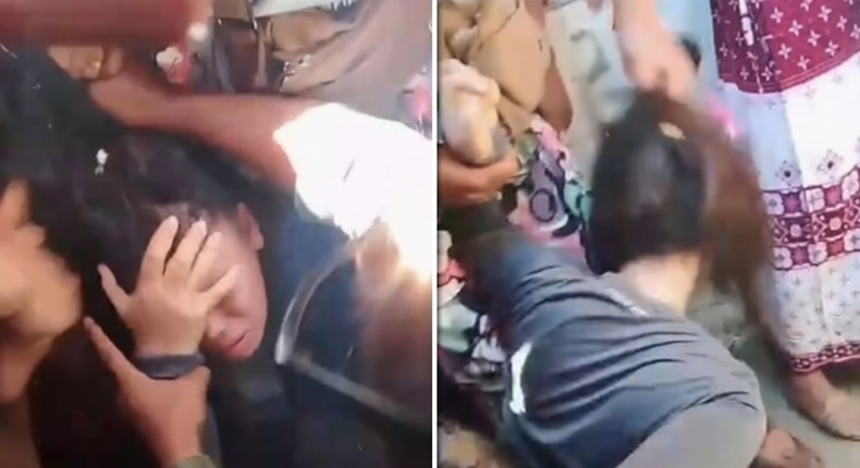 Pencopet wanita di Pasar Panjalingan Maros dikerumuni massa dalam posisi terduduk di tanah, beberapa warga terlihat emosi hingga menarik rambut dan memukul pelaku, meski sebagian warga lainnya berupaya menenangkan situasi agar aksi tidak semakin brutal. (Foto kolase)