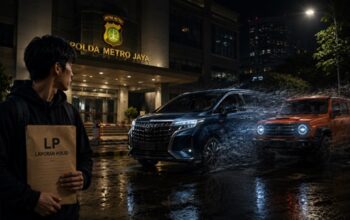 Ilustrasi seorang pelajar membawa dokumen laporan polisi di depan Polda Metro Jaya usai melaporkan dugaan penggelapan dua mobil mewah yang disebut bermula dari janji pencairan pinjaman Rp1,5 miliar. (Visual AI)