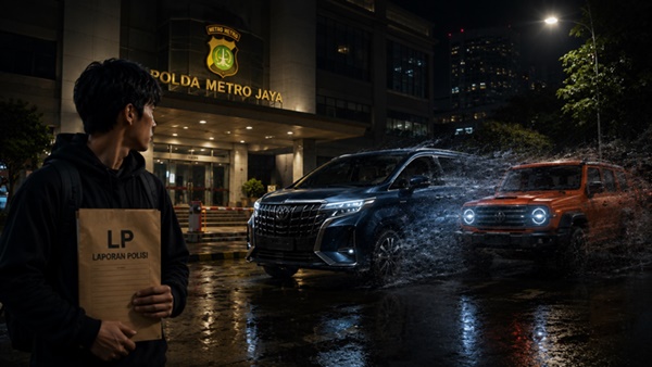 Ilustrasi seorang pelajar membawa dokumen laporan polisi di depan Polda Metro Jaya usai melaporkan dugaan penggelapan dua mobil mewah yang disebut bermula dari janji pencairan pinjaman Rp1,5 miliar. (Visual AI)
