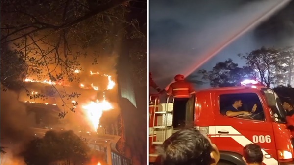 Petugas pemadam kebakaran berjibaku memadamkan kobaran api yang melanda kawasan Mall Nipah Makassar, Jalan Urip Sumoharjo, Minggu (9/8/2026) malam. (Foto kolase/tangkapan layar video)