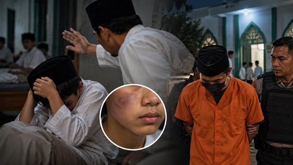 Ilustrasi kasus santri dipukul ustaz di sebuah pondok pesantren di Makassar. Terduga pelaku berinisial HK kini telah ditahan polisi. (Visual AI)