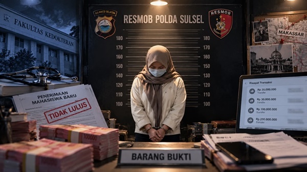 Ilustrasi penangkapan seorang dosen wanita yang diduga terlibat kasus penipuan berkedok jasa masuk Fakultas Kedokteran di Makassar (Visual AI).