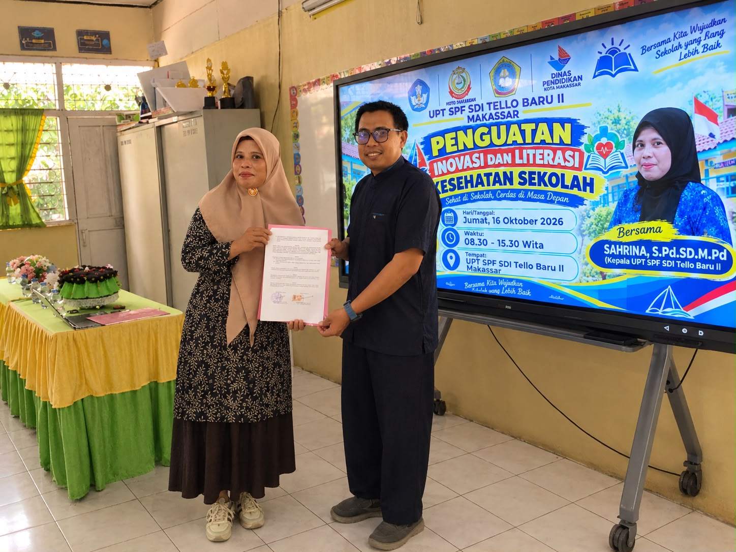 Penandatanganan nota kesepahaman (MoU) antara UPT SPF SD Inpres Tello Baru 2 dan Puskesmas Batua terkait penguatan literasi kesehatan dan pencegahan ISPA di sekolah, Jumat (16/10/2026)