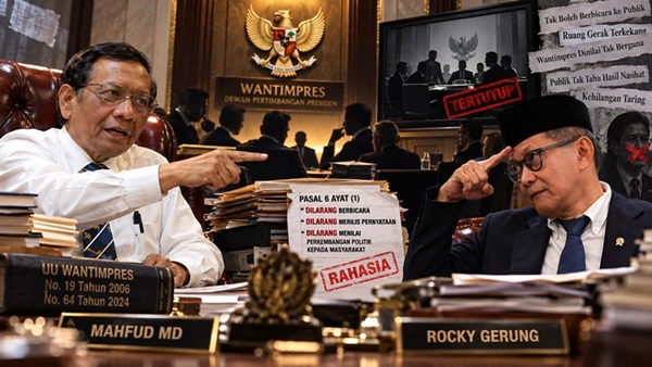Ilustrasi: Mahfud MD menunjuk Rocky Gerung saat mengkritik keberadaan Wantimpres yang dinilai kehilangan relevansi politik akibat ketatnya aturan kerahasiaan dan larangan berbicara kepada publik. (Visual AI)