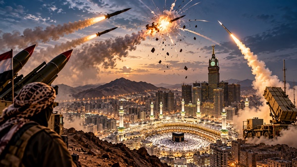 Ilustrasi dramatis pencegatan rudal balistik di wilayah Arab Saudi, dengan latar Masjidil Haram di Makkah, menggambarkan meningkatnya eskalasi konflik dan kewaspadaan pertahanan udara terhadap ancaman serangan. (Visual AI)