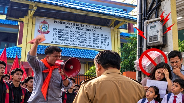 GMMPH mengecam rencana pungutan listrik kepada orang tua siswa SDN Mangkura 1, Makassar. (Visual AI)